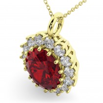Oval Ruby & Diamond Halo Pendant Necklace 14k Yellow Gold (6.40ct)