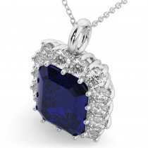 Emerald Cut Lab Grown Blue Sapphire & Diamond Pendant 14k White Gold (5.68ct)