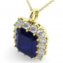 Emerald Cut Lab Grown Blue Sapphire & Diamond Pendant 14k Yellow Gold (5.68ct)