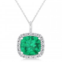 Cushion Cut Emerald & Diamond Halo Pendant 14k White Gold (2.96ct)