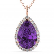 Halo Amethyst & Diamond Pear Shaped Pendant Necklace 14k Rose Gold (5.44ct)