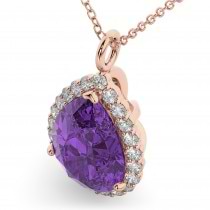 Halo Amethyst & Diamond Pear Shaped Pendant Necklace 14k Rose Gold (5.44ct)