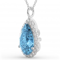 Halo Blue Topaz & Diamond Pear Shaped Pendant Necklace 14k White Gold (8.94ct)