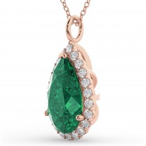 Halo Emerald & Diamond Pear Shaped Pendant Necklace 14k Rose Gold (6.54ct)