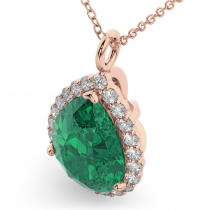 Halo Emerald & Diamond Pear Shaped Pendant Necklace 14k Rose Gold (6.54ct)