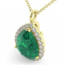 Halo Emerald & Diamond Pear Shaped Pendant Necklace 14k Yellow Gold (6.54ct)