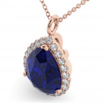 Halo Lab Blue Sapphire & Diamond Pear Shaped Pendant Necklace 14k Rose Gold (8.34ct)