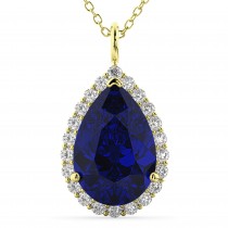 Halo Lab Blue Sapphire & Diamond Pear Shaped Pendant Necklace 14k Yellow Gold (8.34ct)