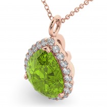 Halo Peridot & Diamond Pear Shaped Pendant Necklace 14k Rose Gold (5.19ct)