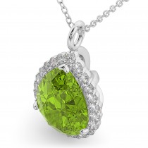 Halo Peridot & Diamond Pear Shaped Pendant Necklace 14k White Gold (5.19ct)