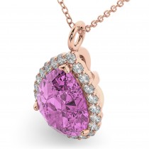Halo Pink Sapphire & Diamond Pear Shaped Pendant Necklace 14k Rose Gold (8.34ct)