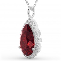 Halo Ruby & Diamond Pear Shaped Pendant Necklace 14k White Gold (8.34ct)