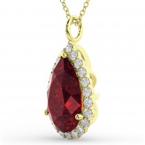 Halo Ruby & Diamond Pear Shaped Pendant Necklace 14k Yellow Gold (8.34ct)