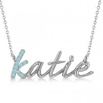 Personalized Aquamarine Nameplate Pendant Necklace 14k White Gold