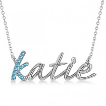 Personalized Blue Topaz Nameplate Pendant Necklace 14k White Gold