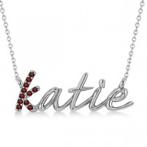 Personalized Garnet Nameplate Pendant Necklace 14k White Gold