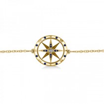 Blue Sapphire & Diamond Nautical Compass Bracelet 14k Yellow Gold (0.19ct)
