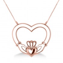 Double Heart Claddagh Pendant Necklace 14k Rose Gold
