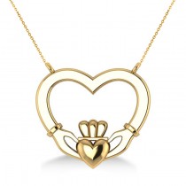 Double Heart Claddagh Pendant Necklace 14k Yellow Gold