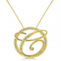 Diamond Circle Script Initials Pendant Necklace 14k Yellow Gold