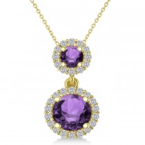 Two Stone Amethyst & Halo Diamond Necklace 14k Yellow Gold (1.50ct)