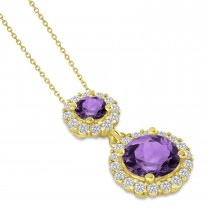 Two Stone Amethyst & Halo Diamond Necklace 14k Yellow Gold (1.50ct)