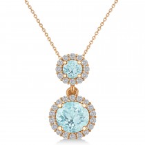 Two Stone Aquamarine & Halo Diamond Necklace 14k Rose Gold (1.50ct)