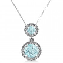 Two Stone Aquamarine & Halo Diamond Necklace 14k White Gold (1.50ct)