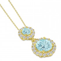 Two Stone Aquamarine & Halo Diamond Necklace 14k Yellow Gold (1.50ct)