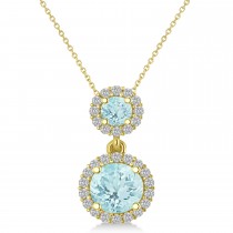 Two Stone Aquamarine & Halo Diamond Necklace 14k Yellow Gold (1.50ct)