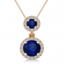 Two Stone Blue Sapphire & Halo Diamond Necklace 14k Rose Gold (1.50ct)