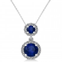 Two Stone Blue Sapphire & Halo Diamond Necklace 14k White Gold (1.50ct)