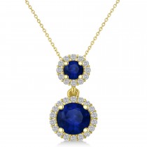 Two Stone Blue Sapphire & Halo Diamond Necklace 14k Yellow Gold (1.50ct)