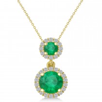 Two Stone Emerald & Halo Diamond Necklace 14k Yellow Gold (1.50ct)