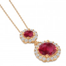 Two Stone Ruby & Halo Diamond Necklace  14k Rose Gold (1.50ct)