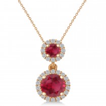 Two Stone Ruby & Halo Diamond Necklace  14k Rose Gold (1.50ct)