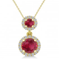 Two Stone Ruby & Halo Diamond Necklace 14k Yellow Gold (1.50ct)