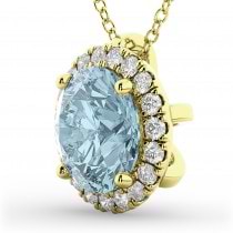 Halo Round Aquamarine & Diamond Pendant Necklace 14k Yellow Gold (2.69ct)