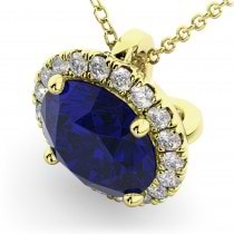 Halo Blue Sapphire & Diamond Pendant Necklace 14k Yellow Gold (2.59ct)