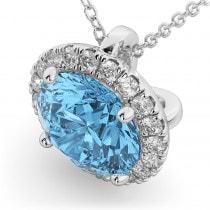 Halo Round Blue Topaz & Diamond Pendant Necklace 14k White Gold (2.79ct)