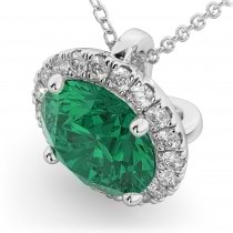 Halo Round Emerald & Diamond Pendant Necklace 14k White Gold (2.79ct)