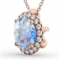 Halo Round Moonstone & Diamond Pendant Necklace 14k Rose Gold (2.09ct)
