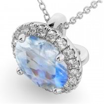 Halo Round Moonstone & Diamond Pendant Necklace 14k White Gold (2.09ct)