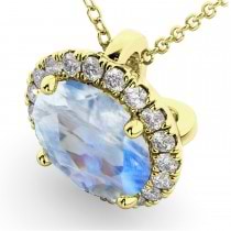 Halo Round Moonstone & Diamond Pendant Necklace 14k Yellow Gold (2.09ct)
