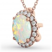 Halo Round Opal & Diamond Pendant Necklace 14k Rose Gold (2.09ct)
