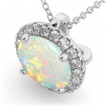 Halo Round Opal & Diamond Pendant Necklace 14k White Gold (2.09ct)