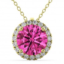 Halo Round Pink Tourmaline & Diamond Pendant Necklace 14k Yellow Gold (2.29ct)