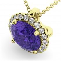 Halo Round Tanzanite & Diamond Pendant Necklace 14k Yellow Gold (2.09ct)