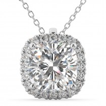 Halo Cushion Cut Diamond Pendant Necklace 14k White Gold (2.27ct)