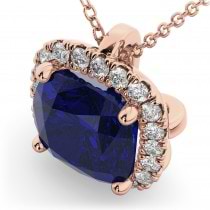 Halo Blue Sapphire Cushion Cut Pendant Necklace 14k Rose Gold (2.02ct)